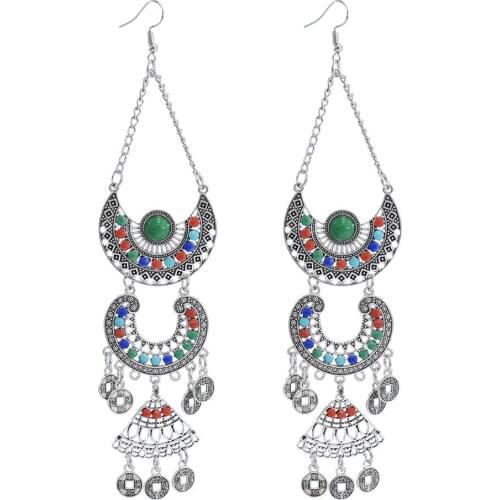 Gypsy Tribal color Gold Metal Tassel Coins Flower Wholesale Fringe Drop Earrings Jewelry Earrings Women Bohemian Long Earring