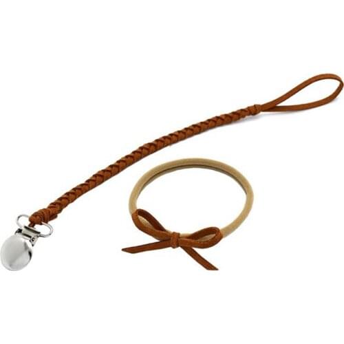 Baby Pacifier Clips Chain Leather Braided Teether Anti-Drop Rope Newborn Infant Nipple Holder For Feeding + Bow Headband Set