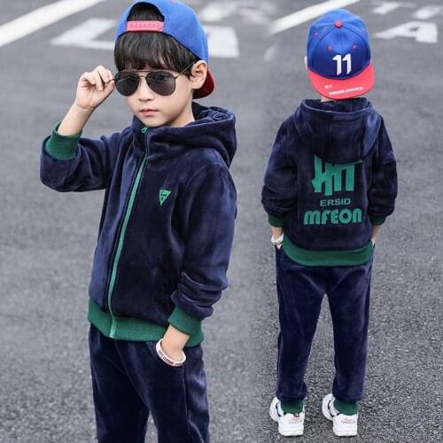 Children Clothing Set Double-sided Velvet Fashion Letter Hooded 2PCS Hoodies+Jogger Pants Kids Boys Tracksuit for Autumn Winter
