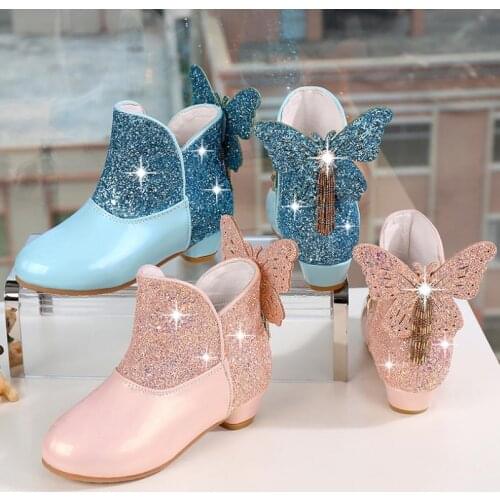 Disney Kids Bow Sequins Boots Autumn Winter New Girls Princess Boots Girls Fashion Elsa Children Shoes School Size 26-37