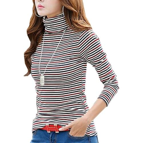 Cotton large size womens autumn and winter high collar Slim Korean striped long-sleeved T-shirt AL7686