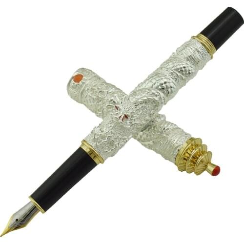 Jinhao Vintage Luxurious Fountain Pen Silver Tower Cap Small Double Dragon Playing Pearl, Metal Carving Embossing Heavy Pen