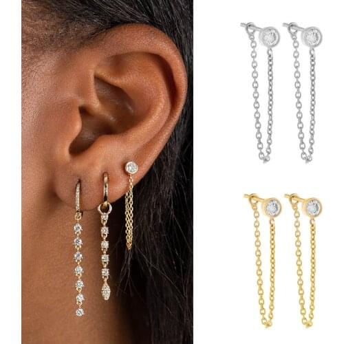ISUEVA Classic Silver Gold Filled Tassel Piercing CZ Ear Round Cubic Zircon Chain Stud Earrings For Women Jewelry Free Shipping