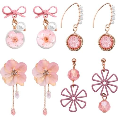 Korean Fashion Pink Flower Earrings Temperament Girl Sweet Style Asymmetric Acetic Acid Earrings Women Net Red Popular Trinkets
