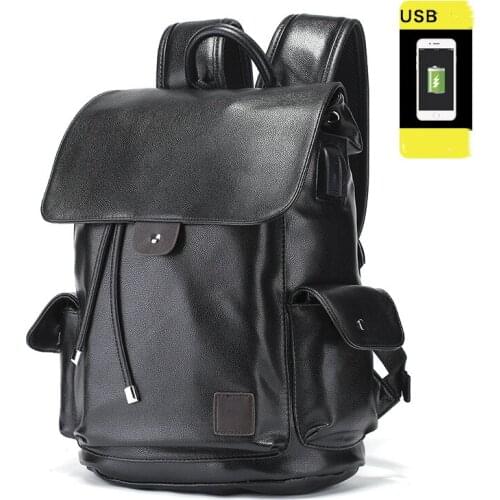 Fashion Drawstring Backpack for Men USB Charging Travel Bags Men School Bag Large-capacity Leather Laptop Backpack Male Mochilas