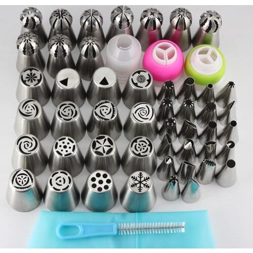 Mujiang 48Pcs Icing Piping Tips Set 1 Pcs Silicone Bag 3 Coupler 1 Brush Russian Tulip Nozzles Cupcake Cake Dessert Decorating