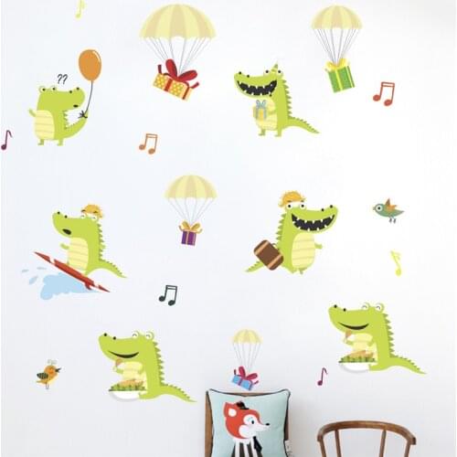 Cartoon Crocodile Play Hot Air Balloon Wall Stickers Home Decoration Kids Room Bedroom Mural Art Diy Safari Wall Decal