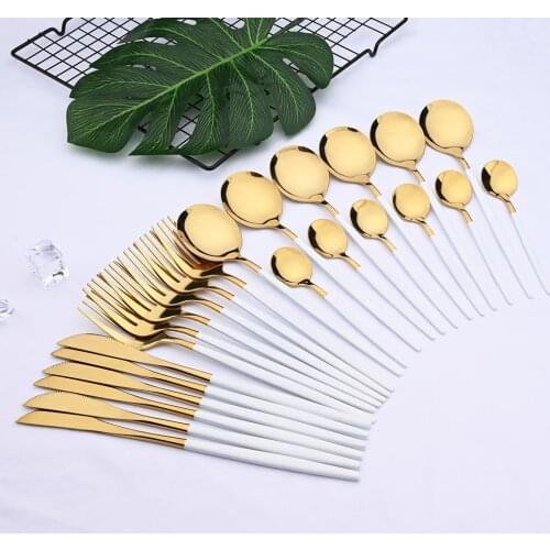 24pcs White Gold Dinnerware Set Stainless Steel Knife Fork Spoon Cutlery Set Kitchen Tableware Set Flatware Set Wholesale