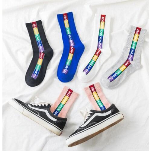Spring summer New rainbow colored Cotton Girl Ladies Pile Socks Harajuku Sports School Korean letters Middle Tube Socks