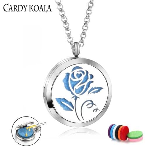 Stainless steel rose carved hollow cotton sheet aromatherapy diffuse fragrance perfume oil necklace pendant male and female coup