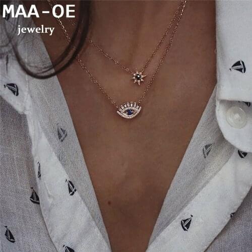 2020 Fashion Gold Crystal Eye Sun Color Stone Pendant Necklaces For Women Necklace Multilevel Female Boho Vintage Jewelry Gift