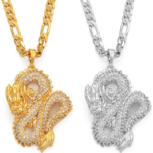 Anniyo Dragon Model Pendant Necklaces Women Men Gold Color Jewellery Cubic Zirconia Mascot Ornaments Lucky Symbol Gifts #067104