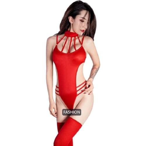 Tight Strappy One Piece Swimsuit See Through Hollow Temptation Sexy Suit Bodysuit High Elasticity Backless Leotard With Stocking