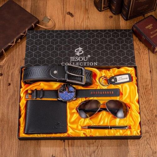 Fashion 6pcs/set Mens Gift Set Large Dial Quartz Watch Glasses Leather Belt Wallet Keychain Pen Boutique Gift Set Box for Men