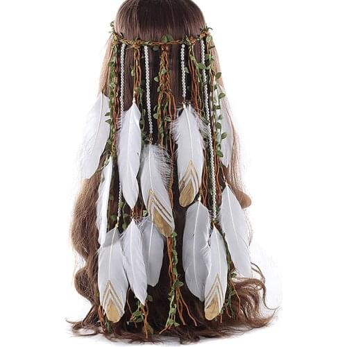 Handmade Bohemian Tassels Hairband Headwear with Artificial Green Leaves and Pearl Fascinator Headband Hair Bands Headdress