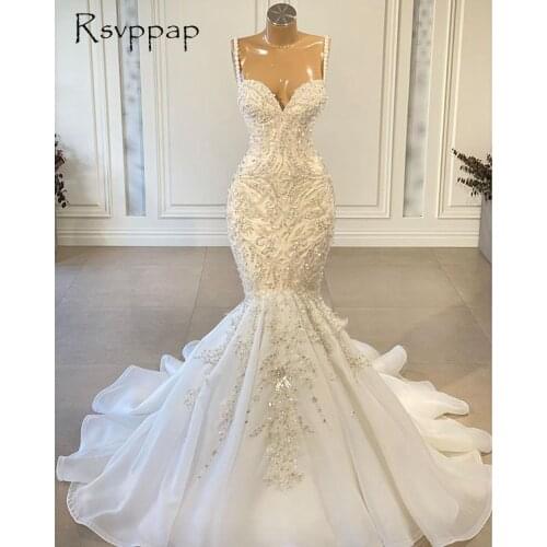Luxury Mermaid African Women Wedding Dresses 2021 Beaded Embroidery Sexy White Vinatge Lace Organza Bridal Wedding Gowns