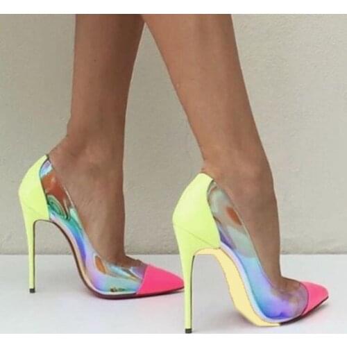 Moraima snc Pink Mirror Pointed Toe Clear PVC High Heel Shoes 12CM Stiletto High Heels Neon Yellow Patchwork Party Wedding Shoes