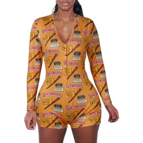 Sexy Women Stretch Button Deep V Neck Bodycon Sexy Lingerie Long Sleeve Pattern Print Sleepwear Jumpsuit Leotard Bodysuit