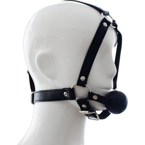 Fetish Bondage Trainer Solid Silicon Ball Gag Head Harness Restraint with Adjustable Faux Leather Straps