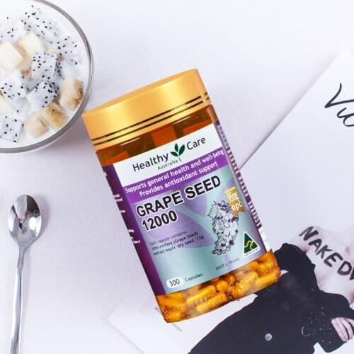 Healthy Care Grape Seed 12000mg 300Tabs Collagen Formation Antioxidant VitaminC Free Radical Damage Skin Health Relieve Swelling