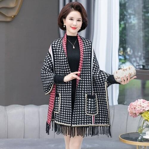 ZJZLL Hot Winter Woman Popular Mink Velvet Stripes Houndstooth Big Shawl With Sleeve Pocket Warm Tassel Knit Poncho Cape Sweater