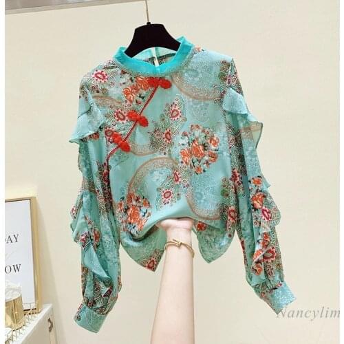 2021 Spring Autumn Vintage Plate Buttons Ruffled Chiffon Shirt Women Korean Long Sleeve Floral Blouse Loose Ladies Tops G1207