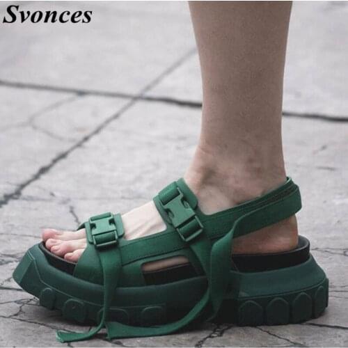 Svonces Brand Sandals Women Sadalia Plataforma Buckle Platform Sandals Women Casual Shoes Green Real Leather Chic Ribbons Flats