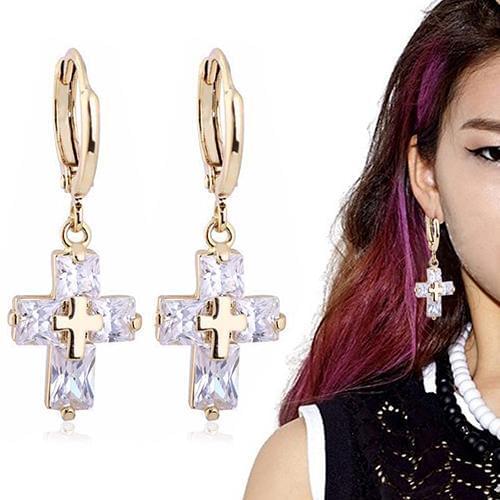 Womens Luxury Cubic Zirconia Dangle Drop Cross Hoop Earrings Banquet Jewelry fashion