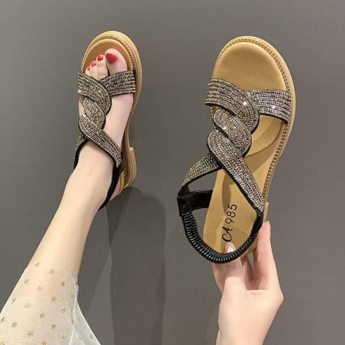 Wedge Sandals Summer 2021 Soft Leather Rhinestone Comfortable Soft Bottom Low Heel All-Matching Womens Flat-Heeled Shoes