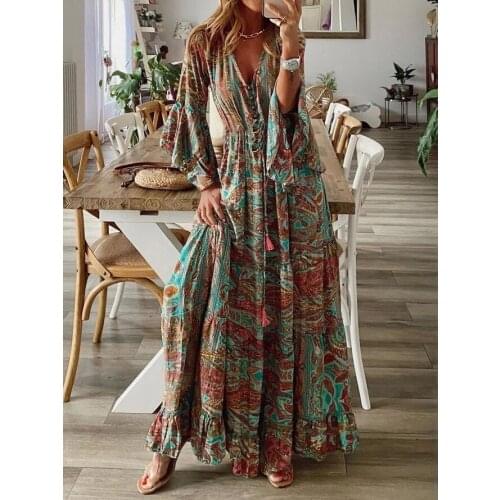 Women Elegant Floral Print Tassel Party Dress 2021 Summer Sexy V-Neck Beach Long Dress Ladies Casual Long Sleeve Boho Dresses