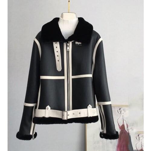 Winter Women Coat Short Jacket Moto & Biker Style Natural Real Sheep Fur Genuine Leather Clothes Striped Thick Warm