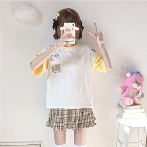 Harajuku Short-Sleeved O-Neck T-Shirt Female Soft Sweet Japanese Matching Clothing Summer Cute Little Hamster Printing Loose Top