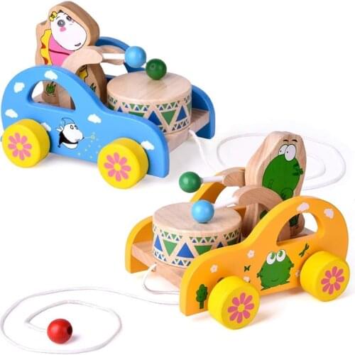 Creative Childrens Hand Extended Leash Pull Toy Car Toddler Baby Toy Children Gift yellow/blue Wooden Play Beat Sound Tractor