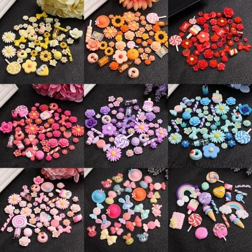 Cute Mixed Flatback Resin Flowers Cartoons Cabochons Polymer Clay Simulation Food Charms For Cell Phone Case Decoration Diy Set