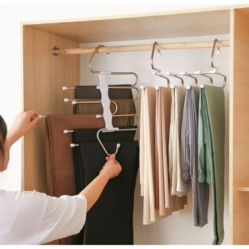 Multifunction Pants Hanger 5 Tier Portable Stainless Steel Trousers Racks Clothing Storage Organization Space Saving