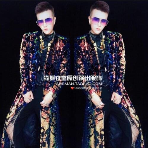 Male Singer Dj Nightclub Trench Coat Bar Metal Magic Color Long Jacket Mens Personality Fashion Umbrella Coat Men Stage Costume