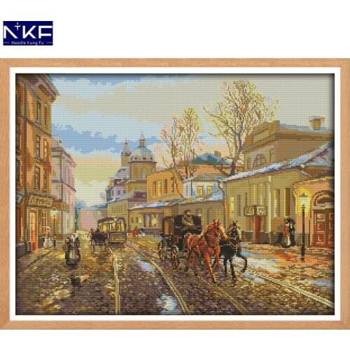 NKF Street Views Stamped Cross Stitch DIY Kits Needlework Embroidery Set Chinese Cross Stitch for Home Decor