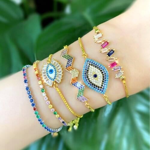 Luxury Evil Eye Link Chain Girl Micro Pave CZ Women Bracelets Fashion Women Charm Bracelet & Bangle Adjustable Jewelry Gift