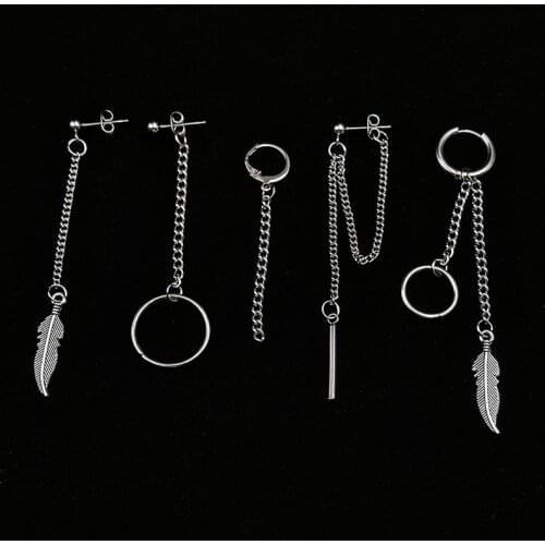 5 pcs/set KPOP DNA Korean Earrings Stainless Steel Chain Feather Idol Men Women Rock Grunge Hipster Punk Stud Earrings Unisex