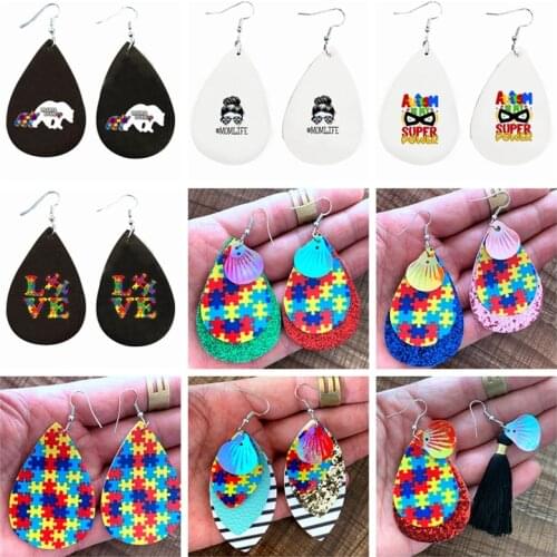 Diy Autism Awareness Print Earrings Sets layers Drop Earrings With Shell Tassel Jewelry Multicolor 9 Style Stock On Sale