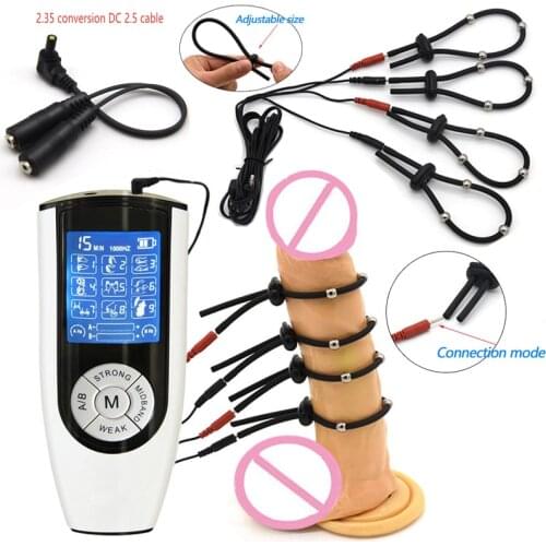 Strong Electric Shock Penis Physiotherapy Ring Electro Stimulation Bead Massage Cock Ring Penis Erection Enhancer Male Sex Tool