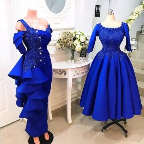 Royal Blue Two Styles Mermaid Evening Dresses Lace Appliques Satin Beads Sequins Ankle Length Prom Dress Aso Ebi فساتين السهرة