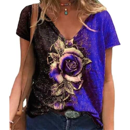 Women T-Shirts Lady Floral Print Short Sleeve Fashion Tee Large Size Loose Summer Tops Female High Street V-Neck T-Shirt 5XL Top