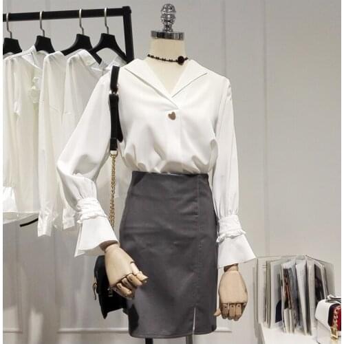 Autumn new fashion v-neck long sleeve chiffon shirt womens pure color flare sleeve shirt lady chic shirt TB3205