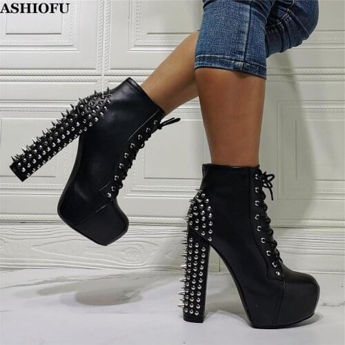 ASHIOFU New Handmade Womens Thick-heel Boots Real-pics Rivets Spikes Sexy Party Ankle Booties Evening Club Fashion Short Boots