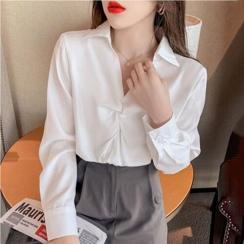 Women V-Neck Shirts Long Sleeve Solid White Chiffon Office Women Clothes Womens Tops Blusas Mujer De Moda 2021
