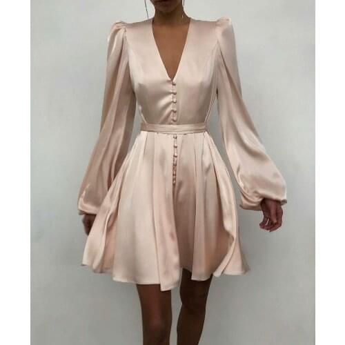 Vintage A-Line Short V-Neck Prom Dresses with Pockets Zipper Back Robe De Soiree Knee Length Satin Formal Party Gown for Women