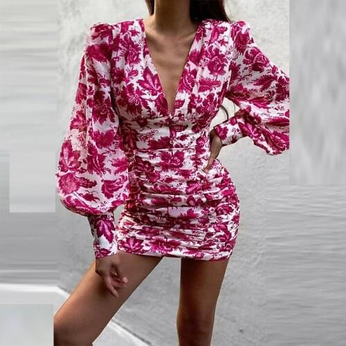 Women Sexy Deep V Button Bodycon Dress Vintage Floral Print Party Dresses Lady Fashion Elegant Lantern Sleeve Draped Mini Dress