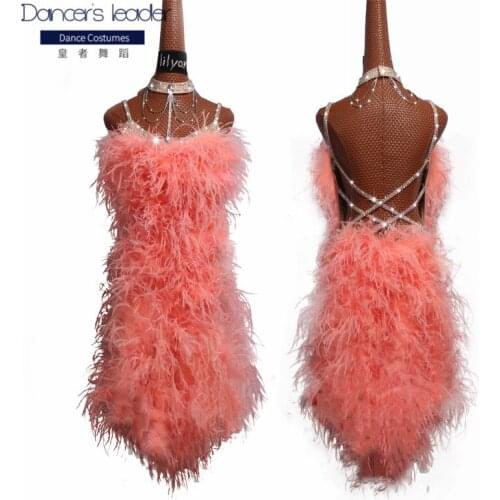2020 new high-end Latin dance competition costume female ostrich hair costume performance costume flash diamond strap