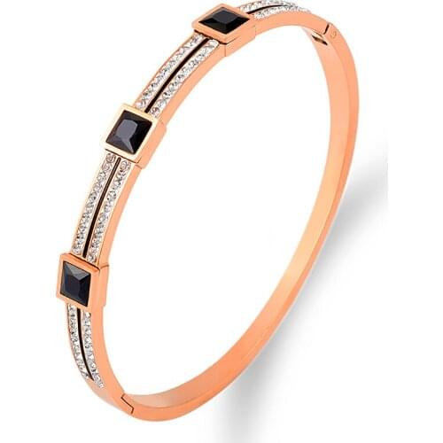 2021 Lastest Crystals Rose Gold Bangle For Women Stainless Steel Jewelry Arm Bracelets Black Rhinestone Bracelet With Stones